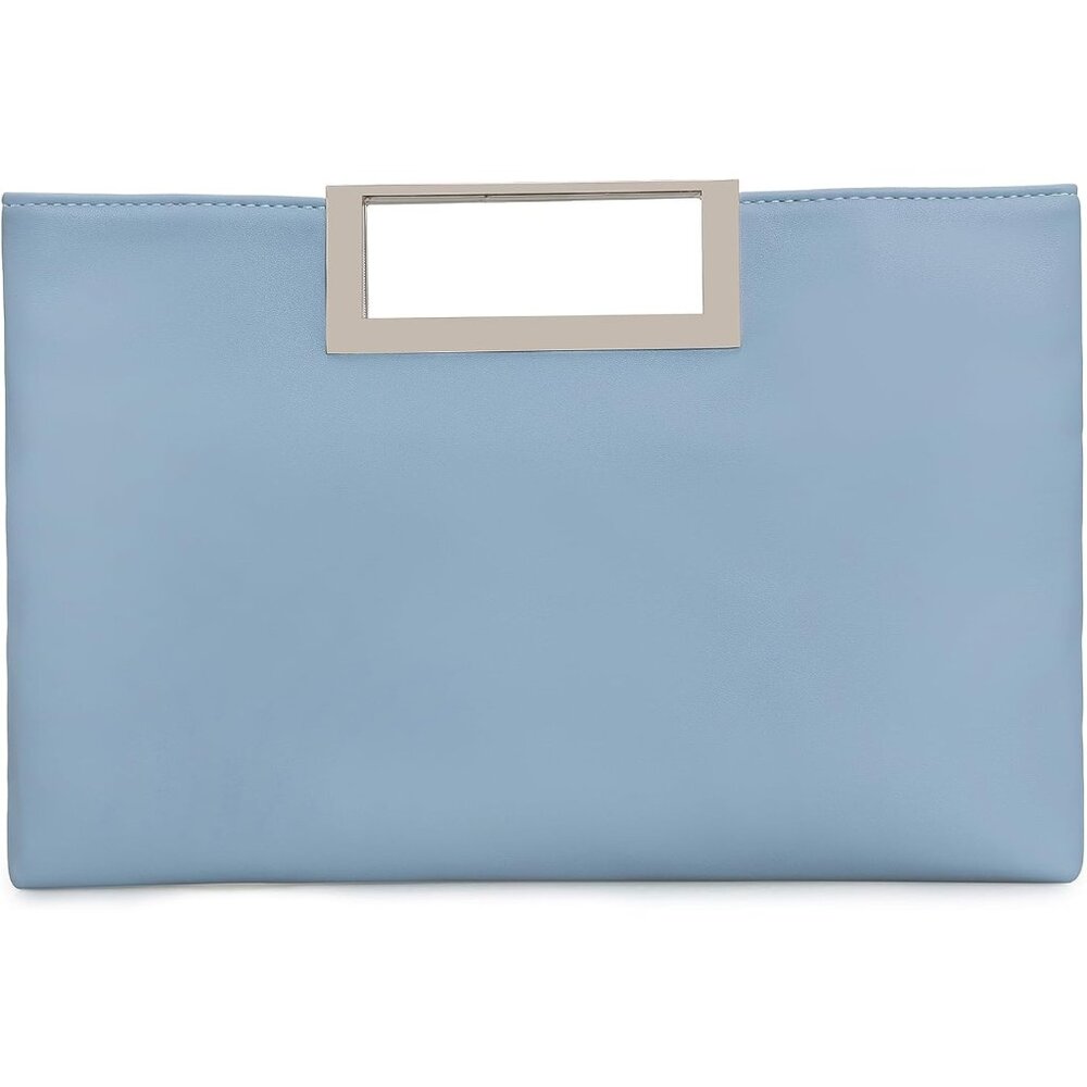 Women's Light Blue Vegan Leather Metal Handle Chain Strap Fashion Stylish Clutch